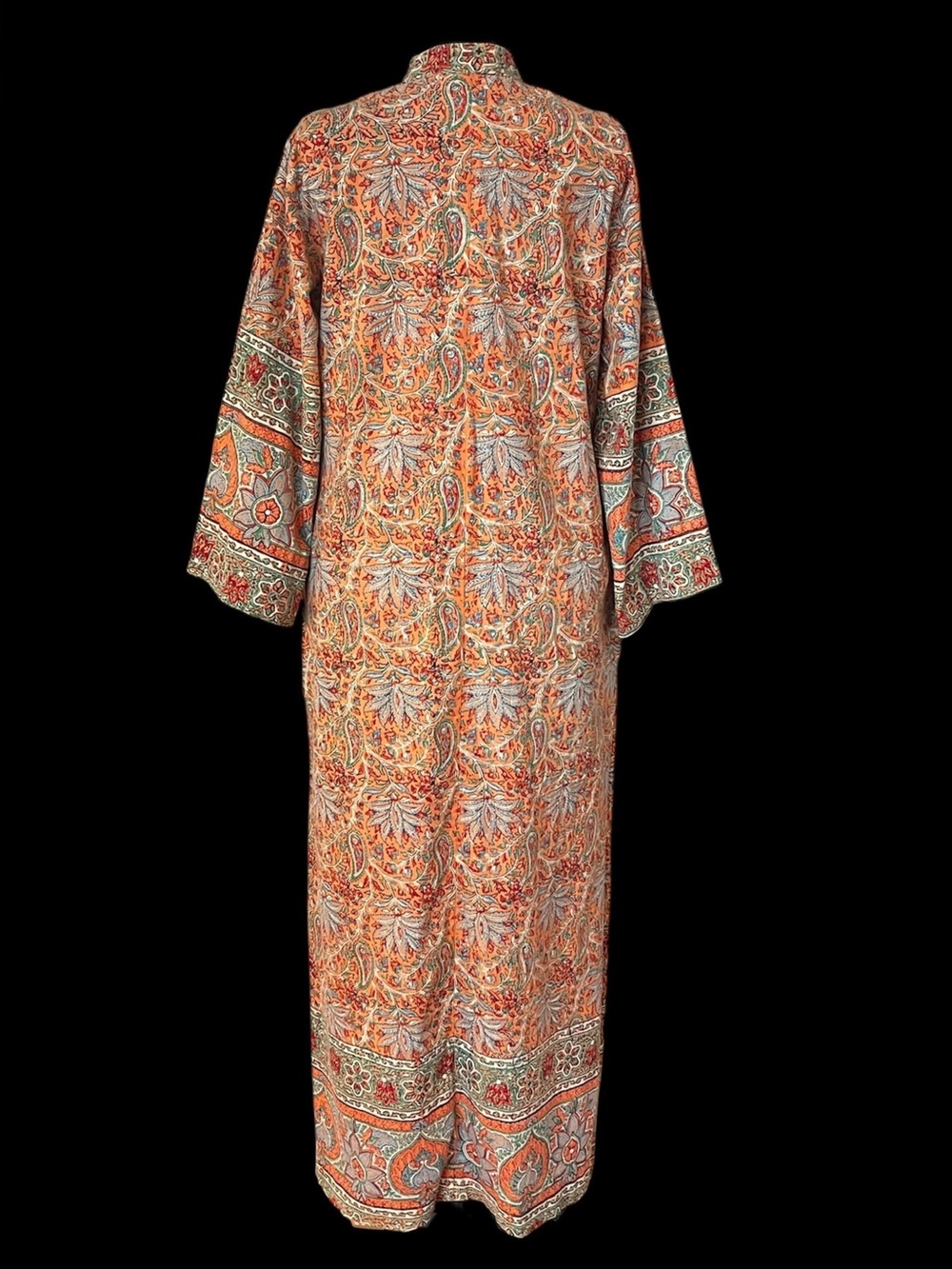 Vintage Maxi Caftan Robe Cotton Paisley Block Print 1970s Boho Hippie Kaftan - Picture 4 of 12
